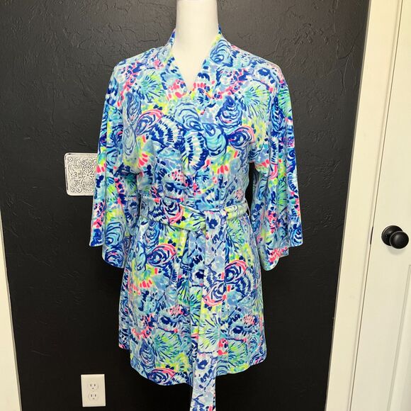 Lilly Pulitzer Elaine Velour Robe – Multi Ocean Commotion Print XXS/XS - Picture 10 of 13